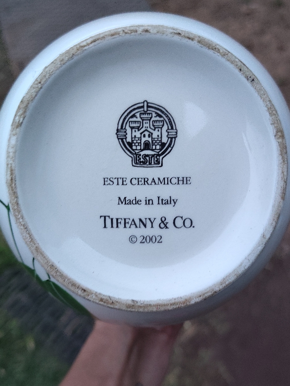 Tiffany & Co. White Ceramic Vase with Green Leaf Blue Flower Accent